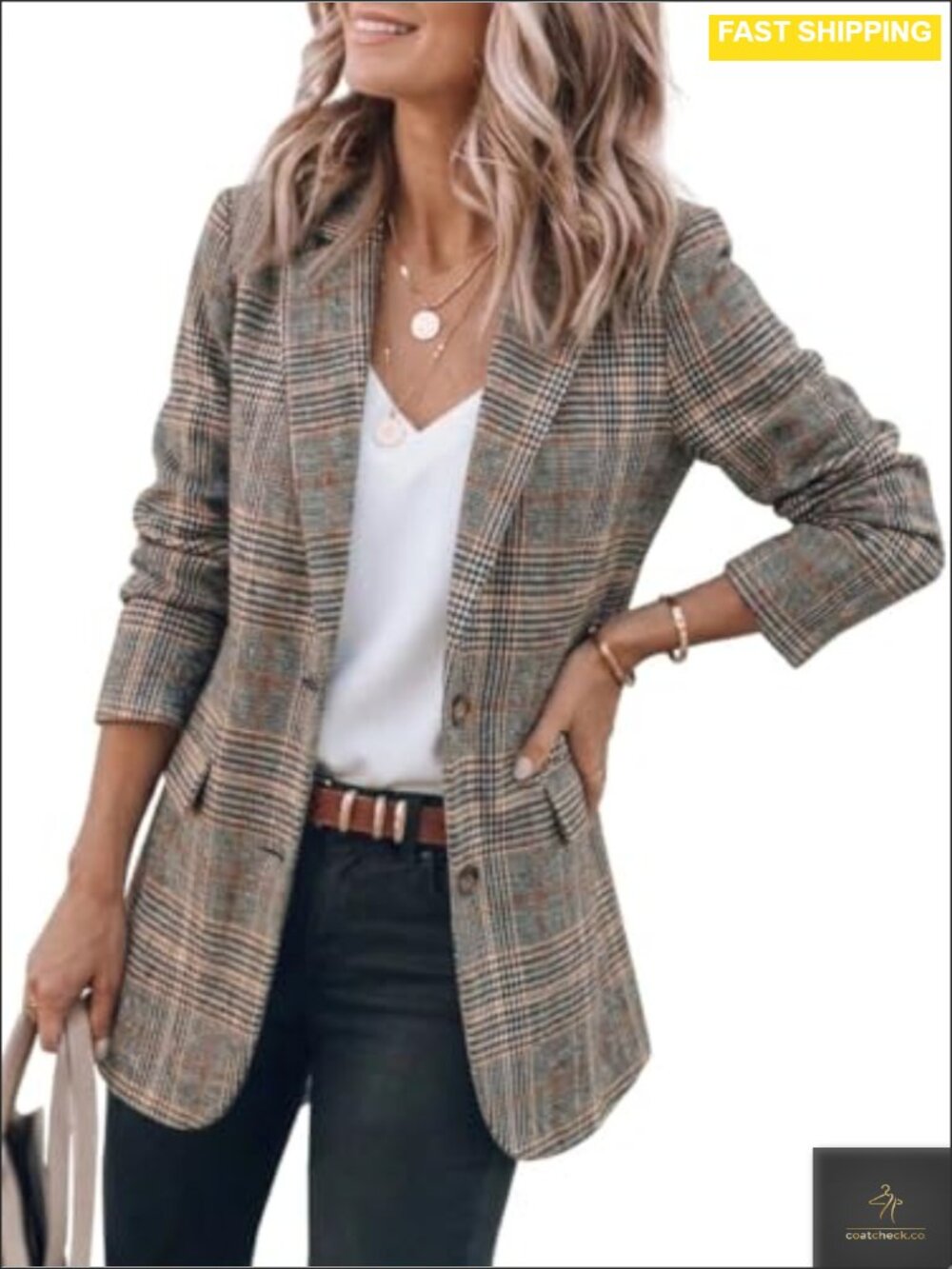Womens Tweed Blazer Plaid Houndstooth Oversized Work Suit Jacket